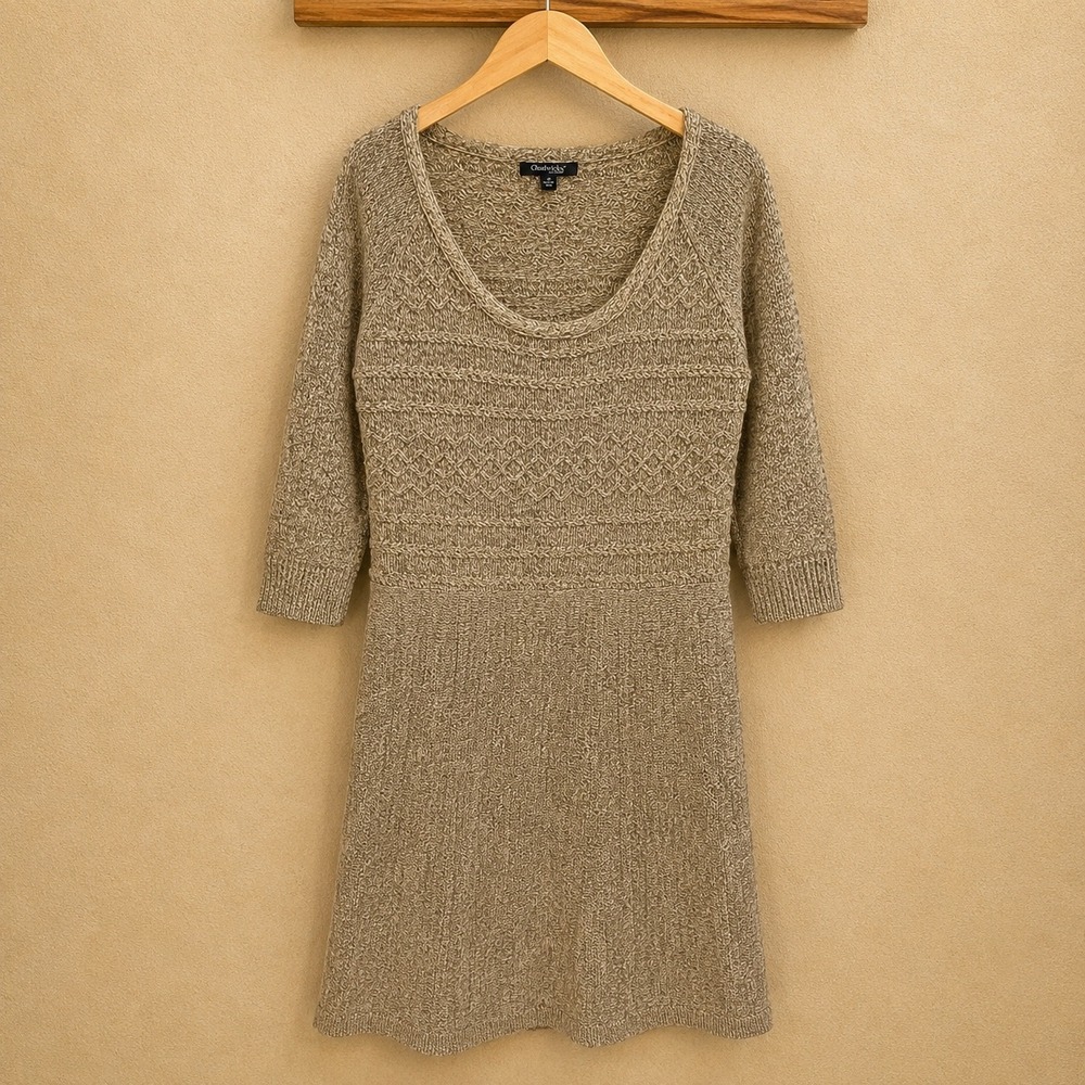 Chadwicks of Boston Marled Tan Cable Knit Lambswool 3/4 Sleeve Sweater Dress XL